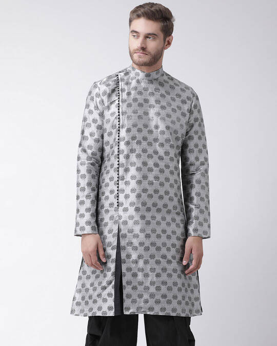 Shop Dupion Silk Grey Knee Length Full Sleeve Regular Fit Printed Ethnic Wear For Men-Front