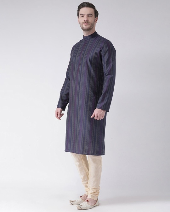 Shop Silk Blend Knee Length Navy Blue Color Full Sleeve Regular Fit Straight Kurta For Men-Design
