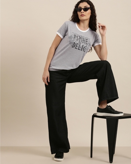 Shop Women's Grey Melange Typography Slim Fit  T-shirt