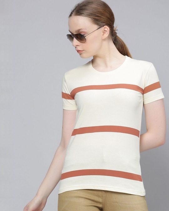 Shop Women's Beige Striped T-shirt-Front