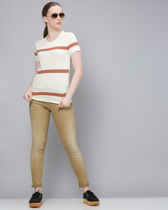 Shop Women's Beige Striped T-shirt