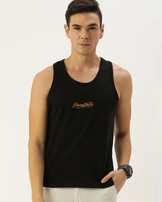 Shop Black Typography Tank Top-Front