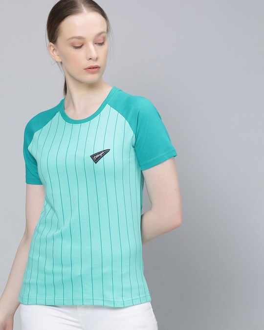 Shop Women's Green Striped T-shirt-Front