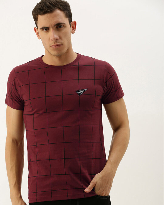 Shop Maroon Checkered T Shirt