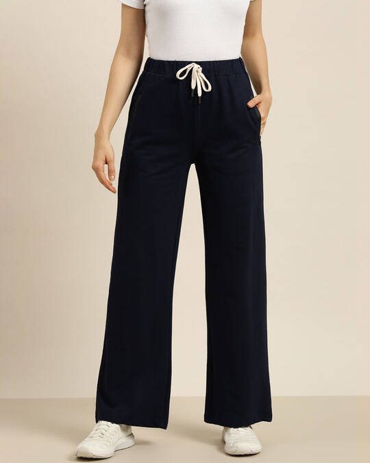 Shop Women's Navy Blue Solid Wide Leg Pants-Front
