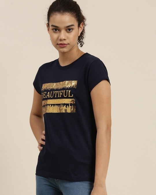 Shop Women's Navy Typographic Slim Fit T Shirt-Front