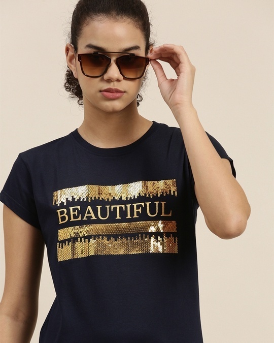 Shop Women's Navy Typographic Slim Fit T Shirt-Design