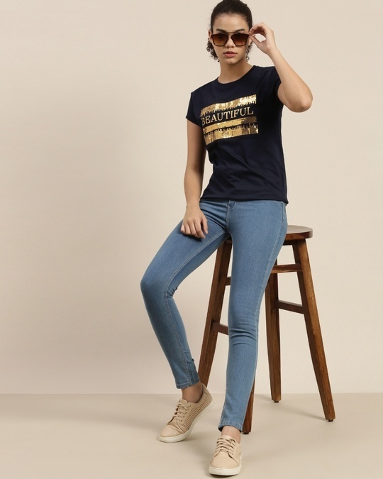 Shop Women's Navy Typographic Slim Fit T Shirt