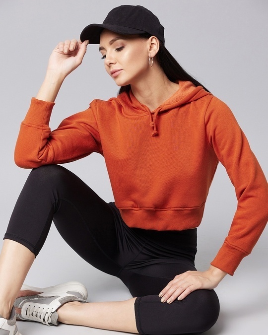 Shop Women's Orange Role With It Hooded Crop Sweatshirt