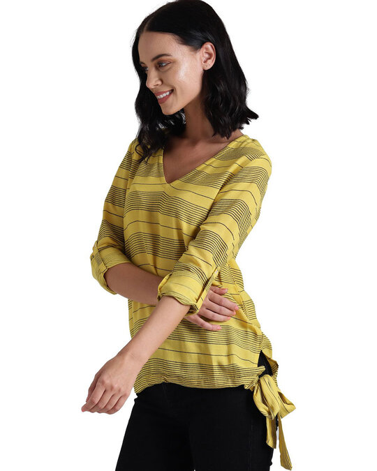 Shop Women's Yellow Striped Full Sleeve Top-Back