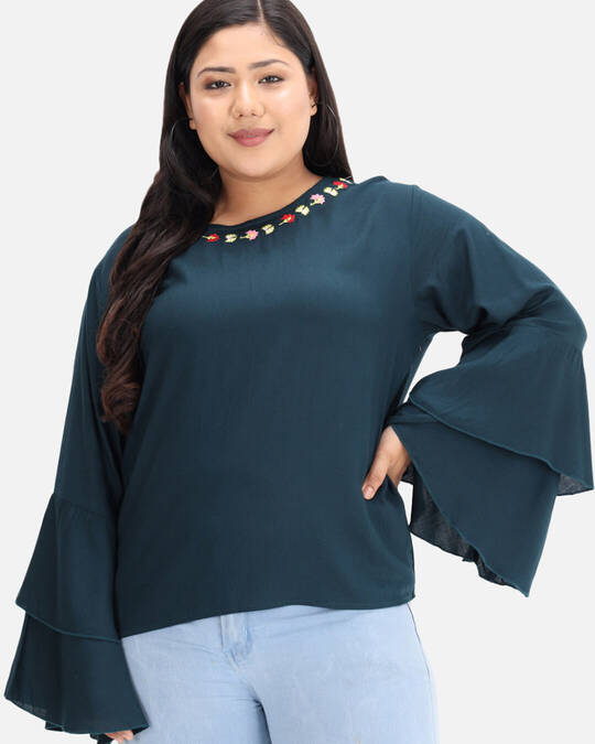 Shop DRY STATE - BEYOUND SIZE Casual Embroidered Women Green Top-Front