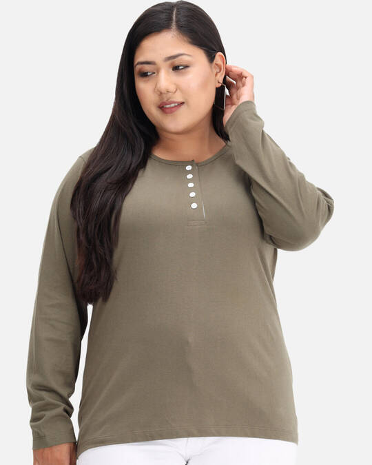 Shop DRY STATE - BEYOUND SIZE Solid Women Henley Neck Green T-Shirt