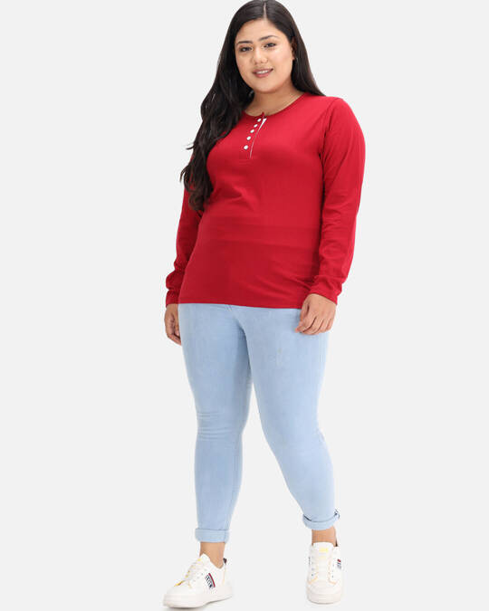 Shop DRY STATE - BEYOUND SIZE Solid Women Henley Neck Red T-Shirt