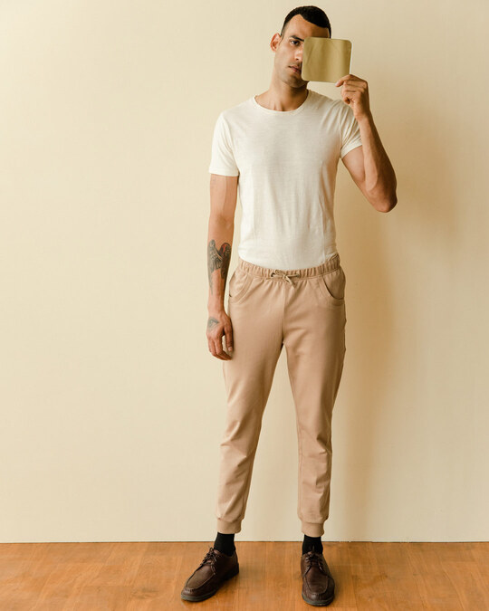 Shop Men's Pastel Beige Casual Jogger Pants-Front