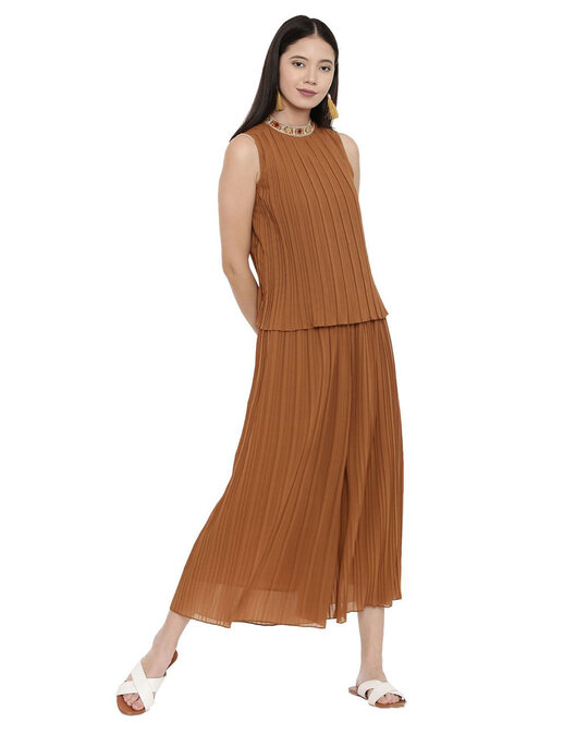 Shop Women's Embroidered High-Neck Pleated Brown Top