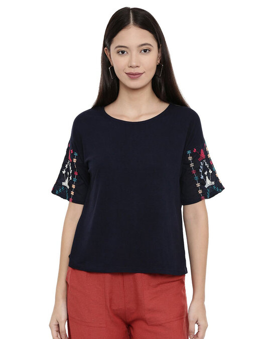 Shop Women's Embroidered Sleeve Navy Blouse-Front