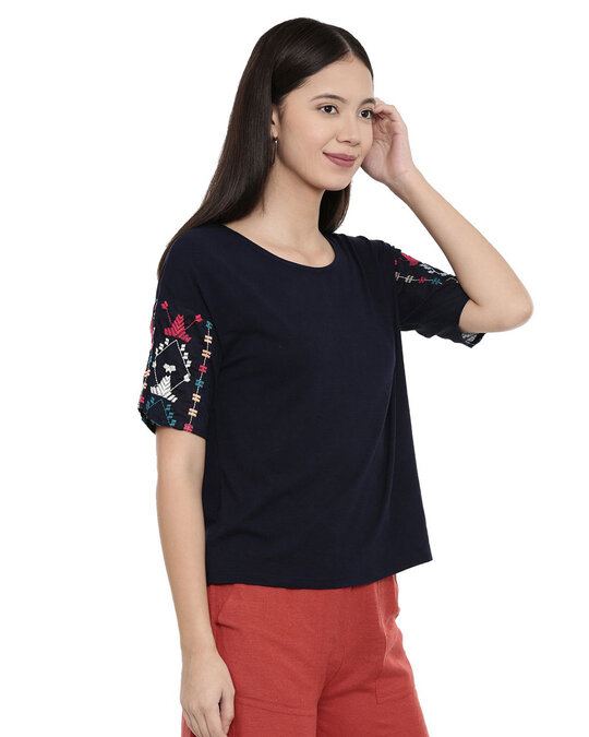 Shop Women's Embroidered Sleeve Navy Blouse-Design