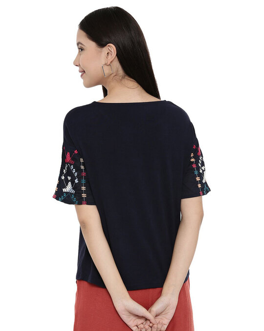 Shop Women's Embroidered Sleeve Navy Blouse-Full