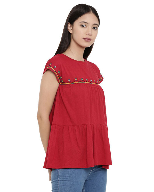 Shop Women's Embroidered Tiered Red Top-Back