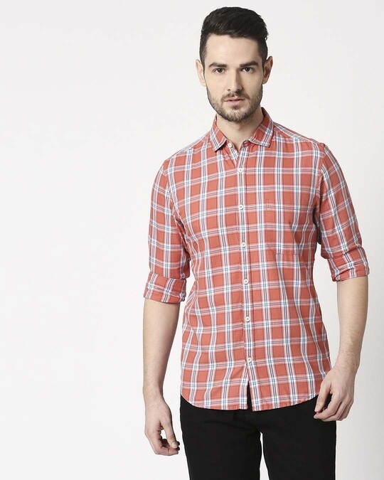 Buy Figo Men's Coral Pink Slim Fit Casual Check Shirt Online at Bewakoof