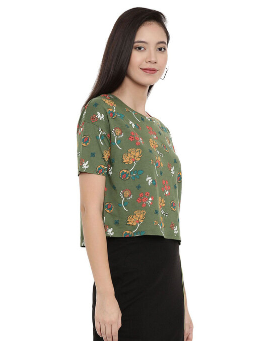 Shop Women's Green Floral Print Half Sleeve Top-Design