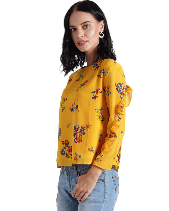 Shop Women's Yellow Floral Print Full Sleeve Top-Back