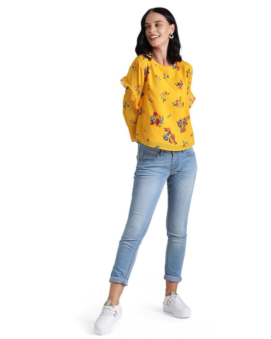 Shop Women's Yellow Floral Print Full Sleeve Top