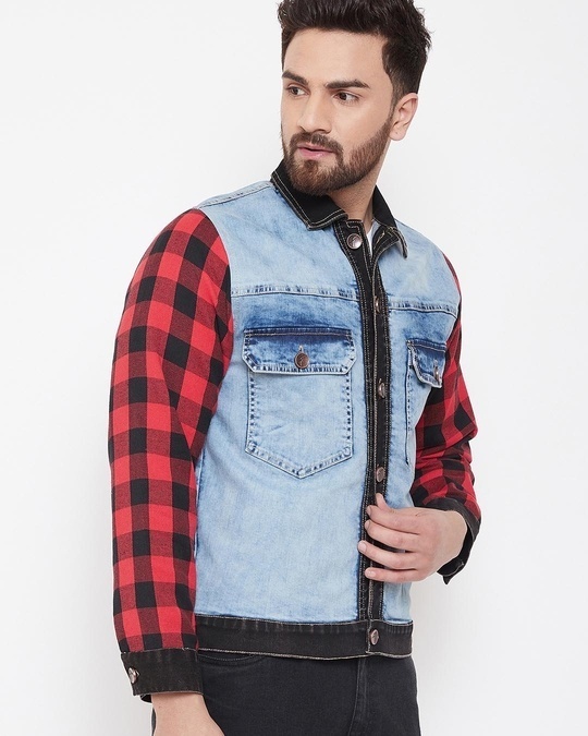 Shop Denim Jacket With Checkered Flanel Sleeves-Full
