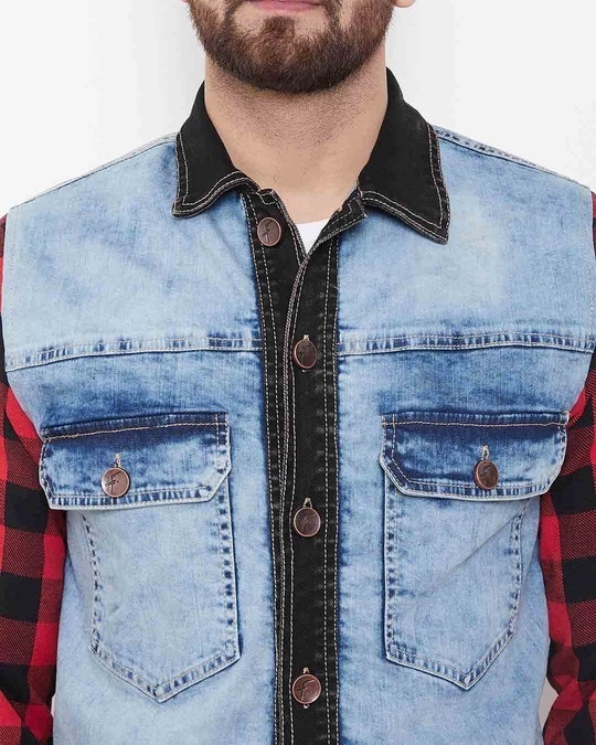 Shop Denim Jacket With Checkered Flanel Sleeves
