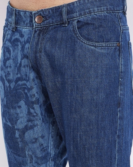 Buy FUGAZEE Men's Blue Faces Lasered Cropped Slim Fit Denim Jeans ...