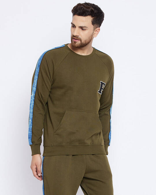Shop Men's Olive Oversized Fit Denim Taped Sweatshirt-Front