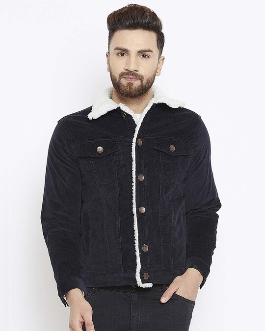Buy Fugazee Navy Corduroy Faux Fur Jacket for Men black Online at Bewakoof