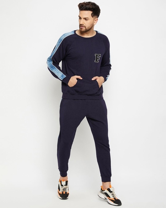 Shop Navy Oversized Denim Taped Combo Tracksuit-Front