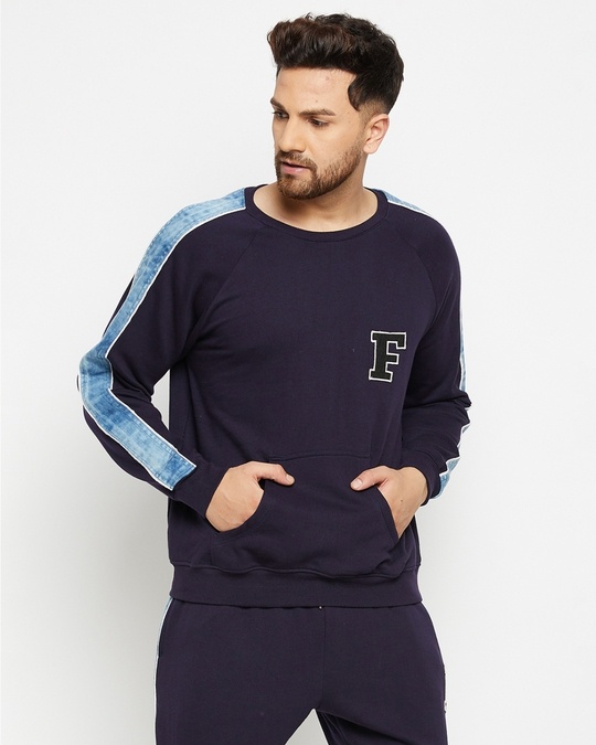 Shop Men's Navy Oversized Denim Taped Sweatshirt-Front
