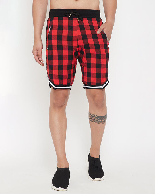 Shop Red Checkered Flannel Basketball Shorts-Front