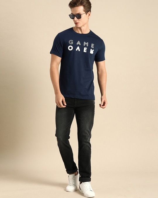 Shop Game Over Minimal Half Sleeve T-Shirt Navy Blue-Full