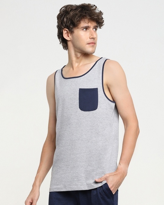 Shop Grey Melange Contrast Binding Pocket Vest-Back