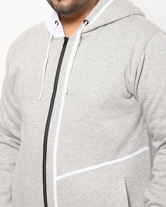 Shop Grey Melange - White Plus Size Zipper Color Block Hoodie Sweatshirt