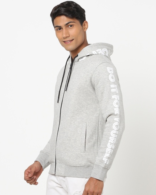 Shop Grey Melange Printed Zipper Hoodie Sweatshirt-Front