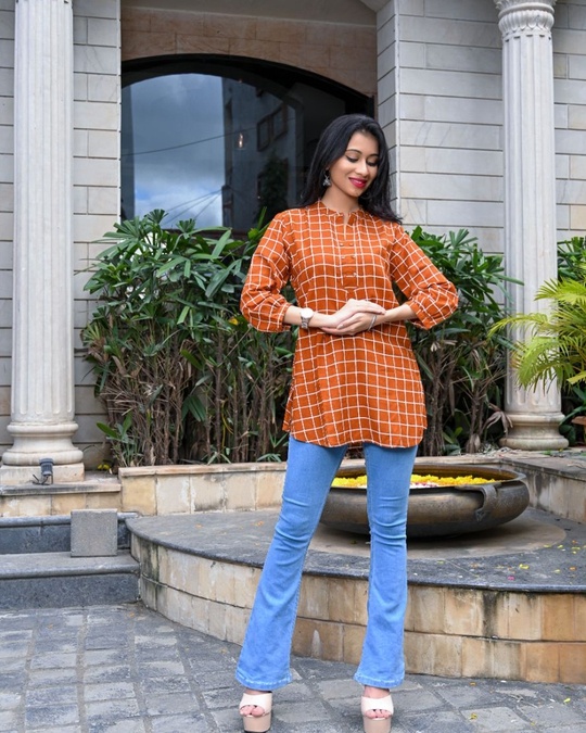 Shop Rust Checked Double Buttoned Top-Front