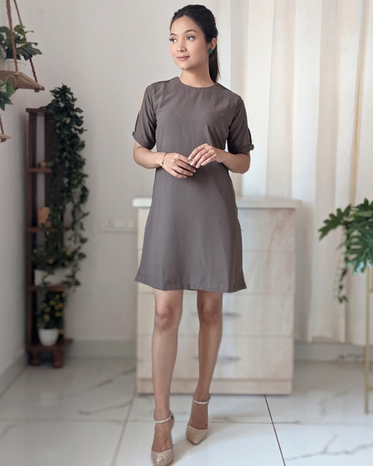 Shop Overlapped Sleeve Shift Dress in Brown-Front