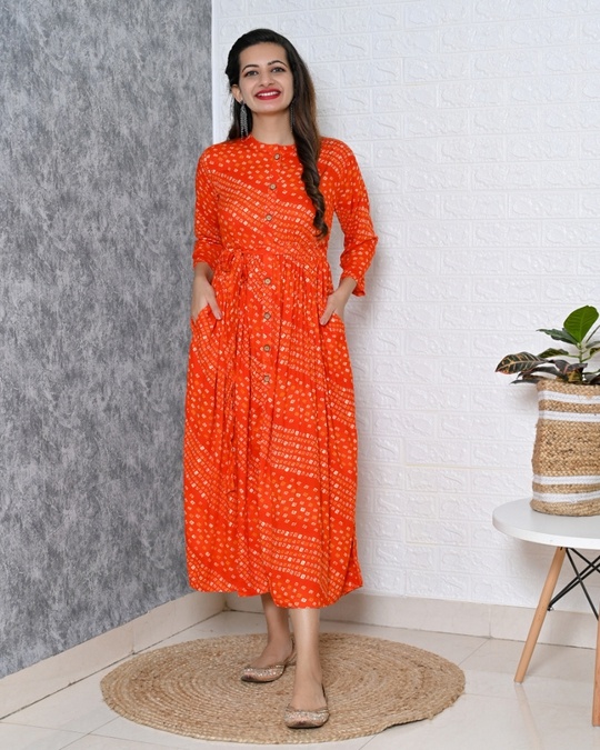 Shop Women's Orange Bandhani Gathered Waist Dress-Front