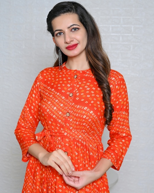 Shop Women's Orange Bandhani Gathered Waist Dress-Design