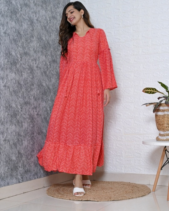 Shop Women's Red Leheriya Bell Sleeves Dress-Full