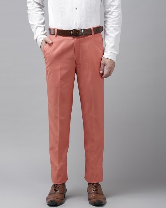 Shop Mens Peach Solid Casual Trouser-Front