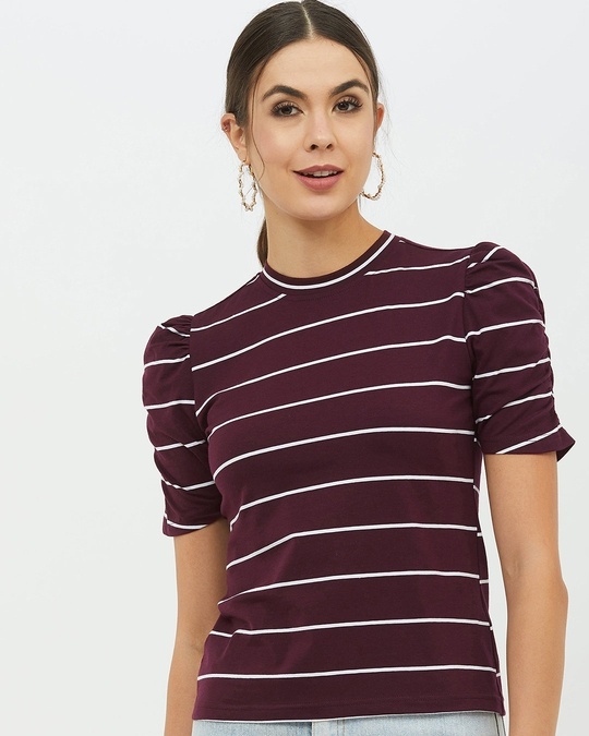 Shop Women High Neck Short Sleeves Striped T Shirt-Front