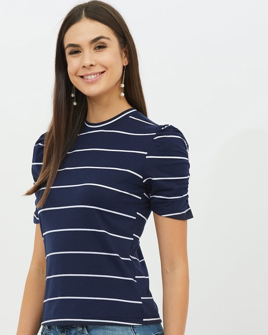 Shop Women High Neck Short Sleeves Striped T Shirt-Full