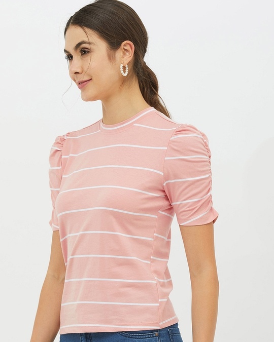 Shop Women High Neck Short Sleeves Striped T Shirt-Full