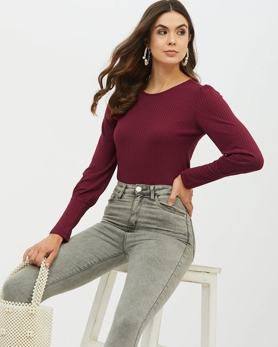 Shop Women Round Neck Full Sleeve Solid Top