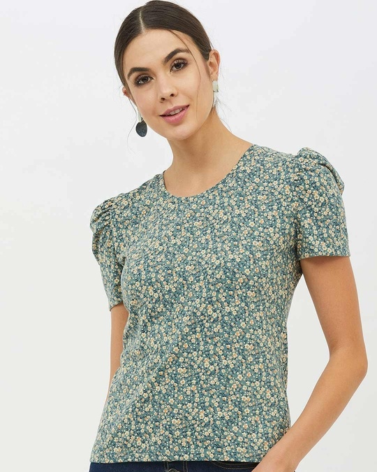 Shop Women Round Neck Short Sleeves Printed T Shirt-Front
